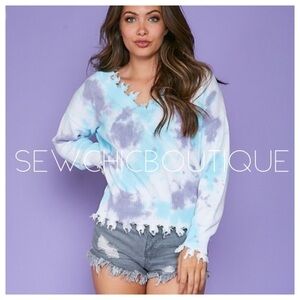Tie Dyed V-Neck Sweater with Frayed Hem